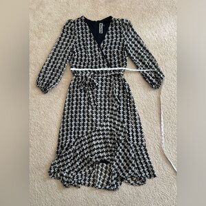 Julian Taylor Black and White Houndstooth Wrap Midi Dress